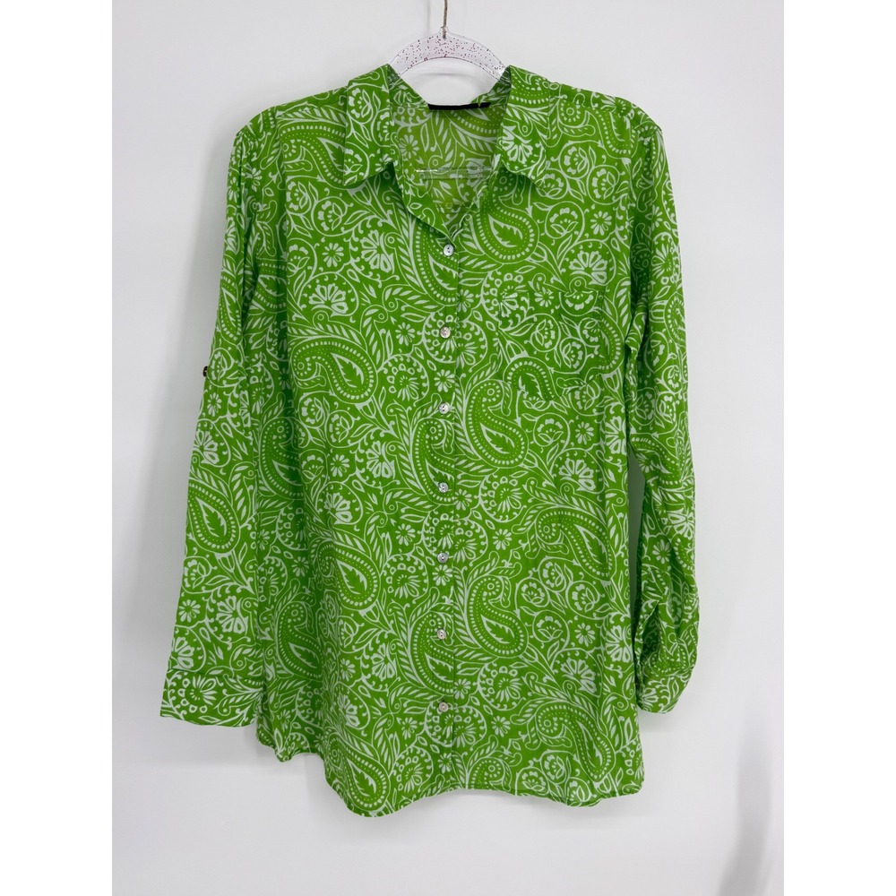 KikiSol Womens Lime Green White Paisley Cotton Button Down Shirt Sz M Long Sleev